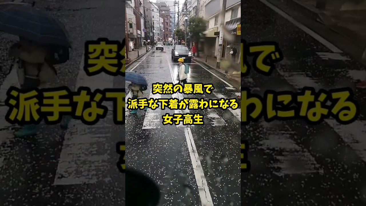 突然の暴風で派手な下着が露わになる女子高生…