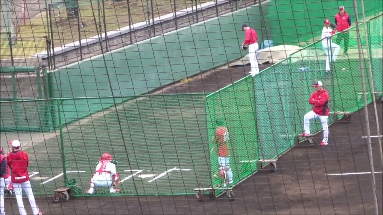 爆笑！大瀬良大地、森下暢仁選手によるカープ紅白戦スターティングオーダーの発表（2023.02.12）　映像は先発の遠藤淳志、森翔平選手の投球練習