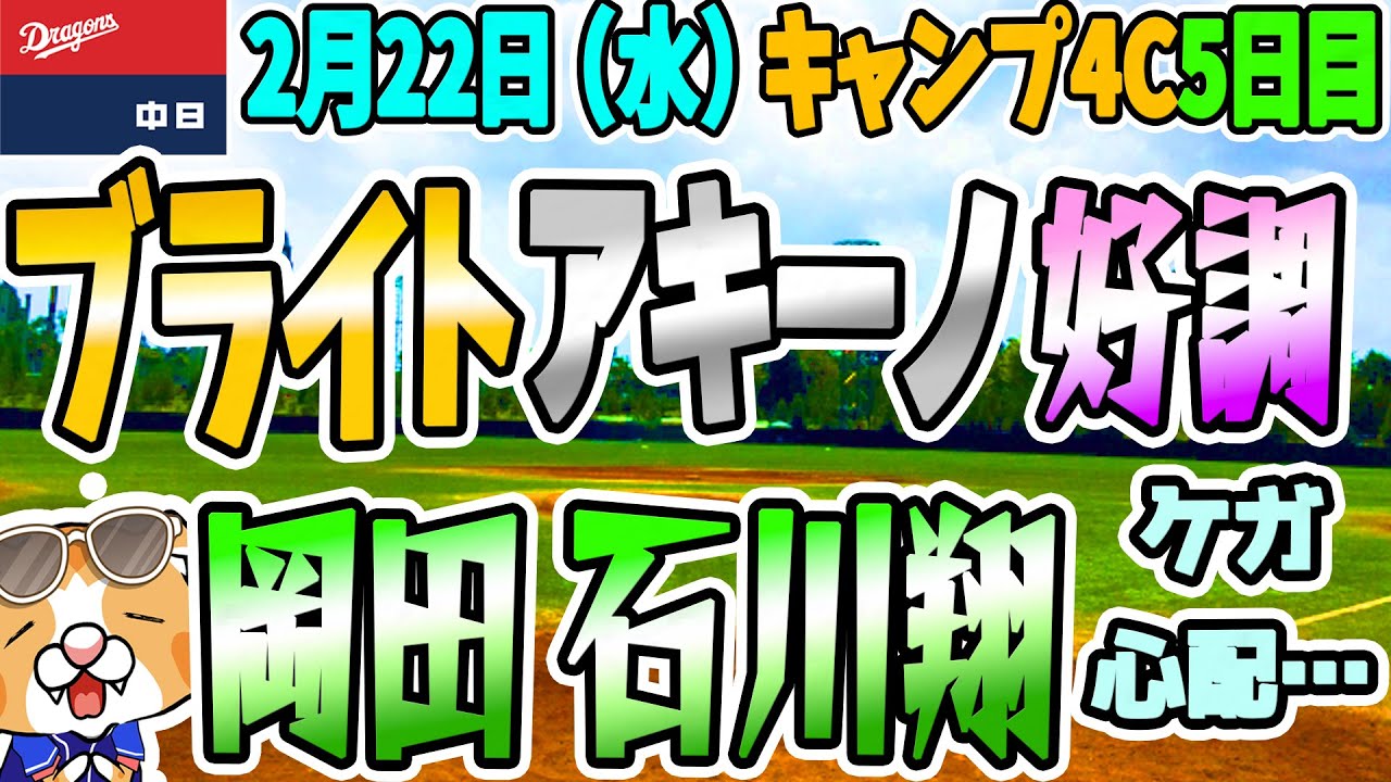 【中日ドラゴンズ 0222】にゃんにゃんにゃんの日にケガ続出、岡田君石川翔君心配、打者ではブライト・アキーノ好調【ライブ】