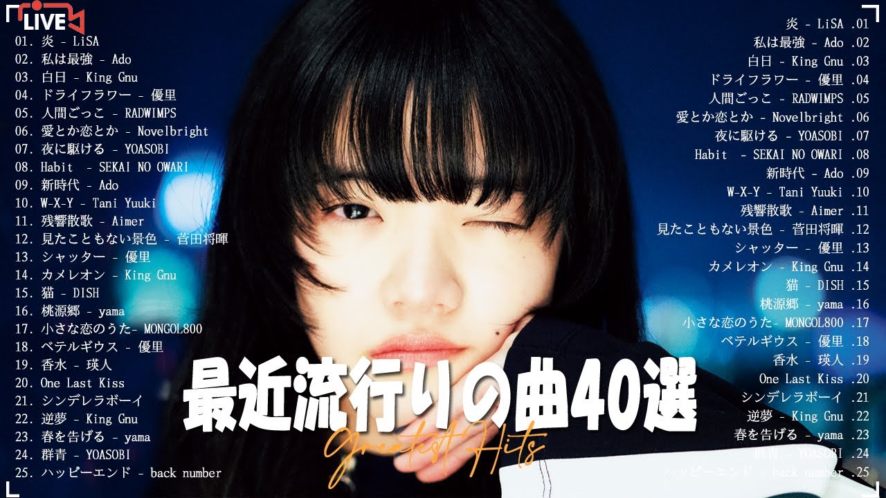 【広告なし】有名曲J-POPメドレー🌻邦楽 ランキング 曲🌻日本最高の歌メドレー 🌻  あいみょん、優里、YOASOBI、LiSA、米津玄師 、宇多田ヒカル、ヨルシカ Live.43