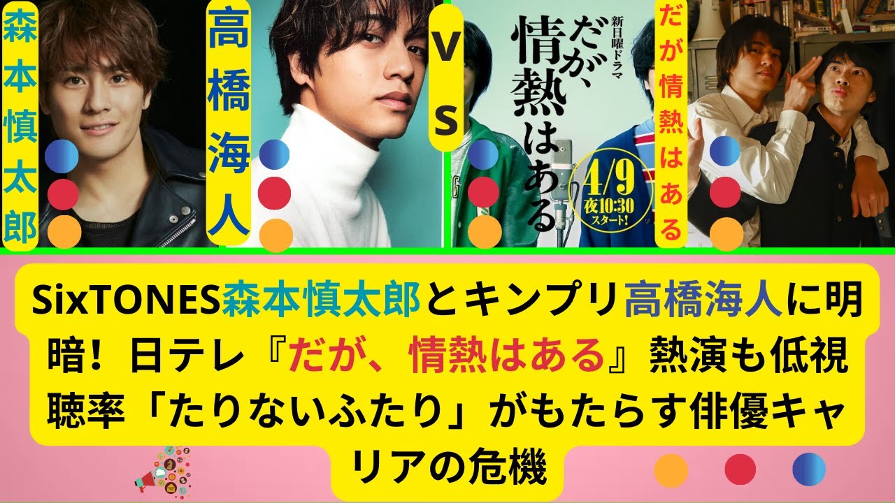 sixtones 森本慎太郎とキンプリ高橋海人に明暗！日テレ『だが、情熱はある』熱演も低視聴率「たりないふたり」がもたらす俳優キャリアの危機