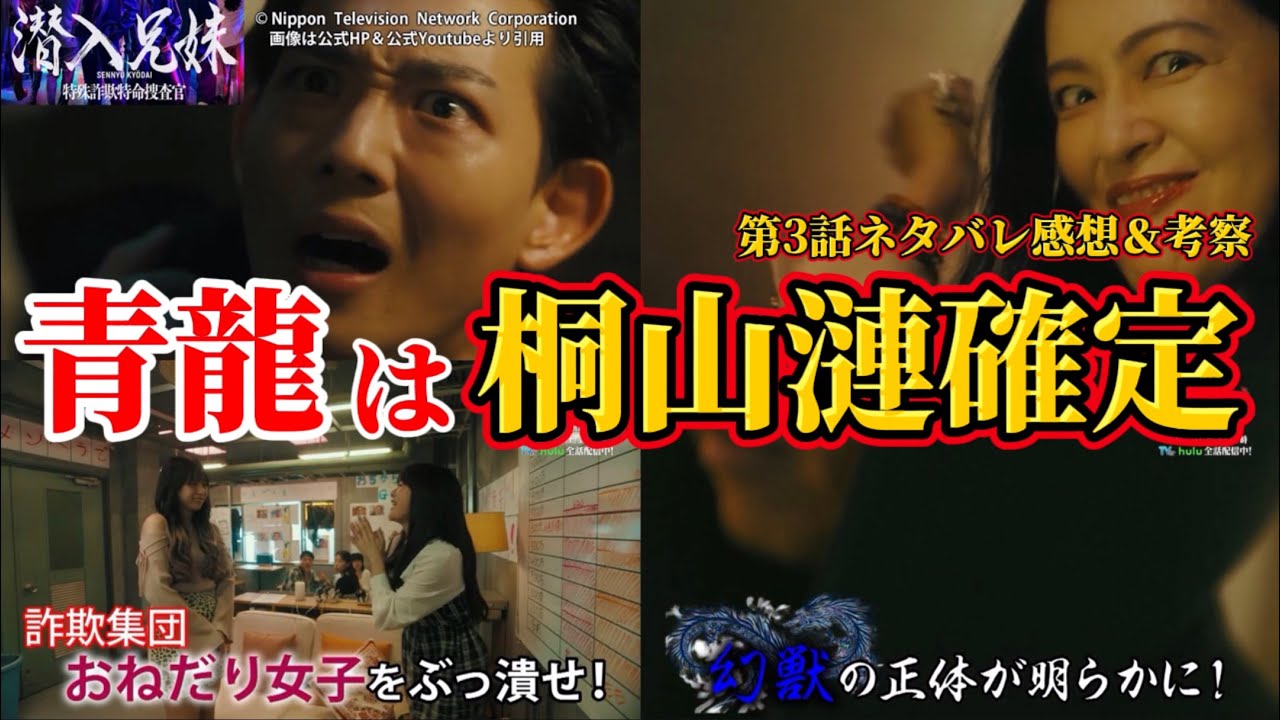 【潜入兄妹】青龍は桐山漣で確定。幻獣のキャスト予想。第3話ネタバレ考察＆感想。キャスト：竜星涼、八木莉可子、入山杏奈、長尾純子、呉城久美、伊藤あさひ、半田周平、及川光博、他【 潜入兄弟 ×】