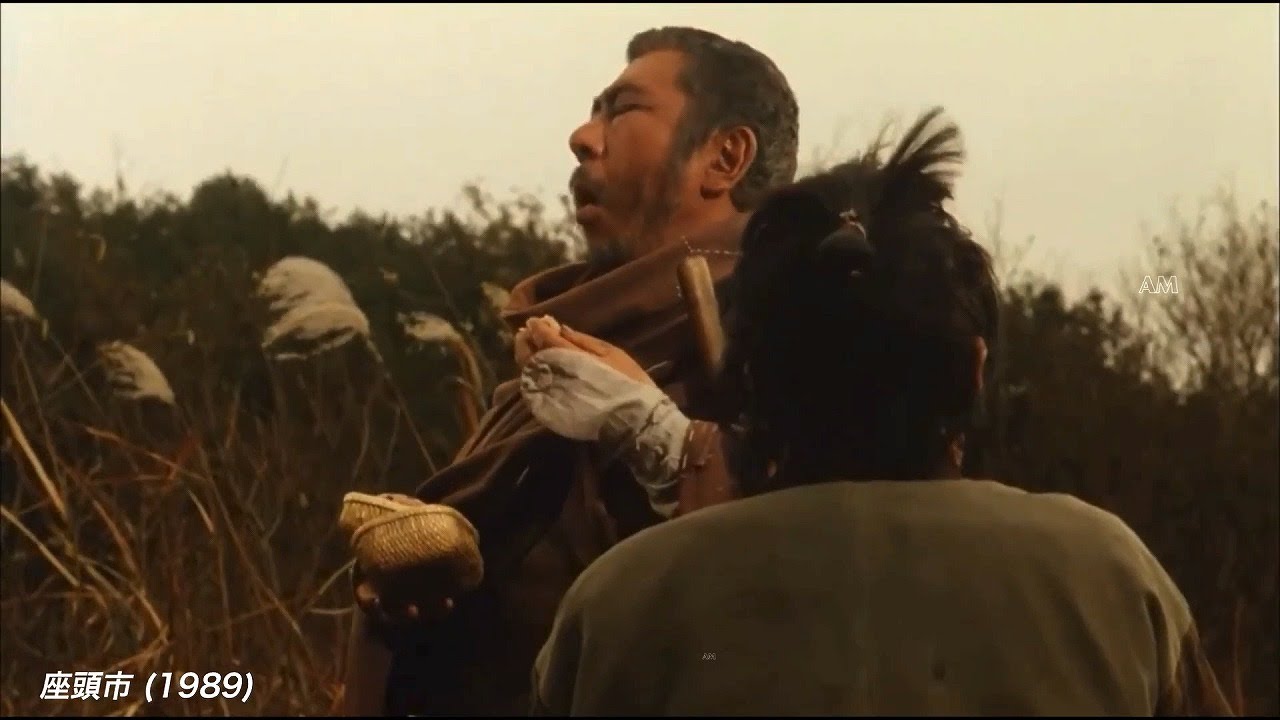 座頭市と五右衛門がおにぎりを美味しそうに食べる食事シーン！座頭市 最後の座頭市（1989年）｜主演：勝新太郎・五右衛門：奥村雄大