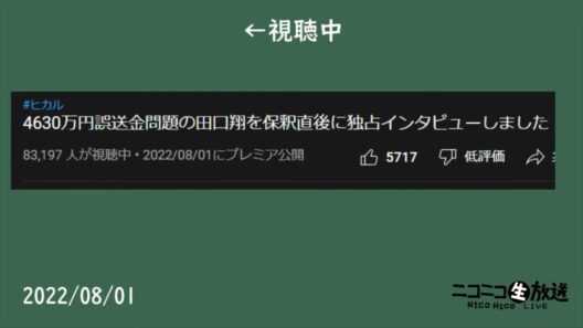 【64倍速】（ヒカル「4630万円誤送金問題の田口翔を保釈直後に独占インタビューしました」）の視聴者数の推移【2022/08/01】