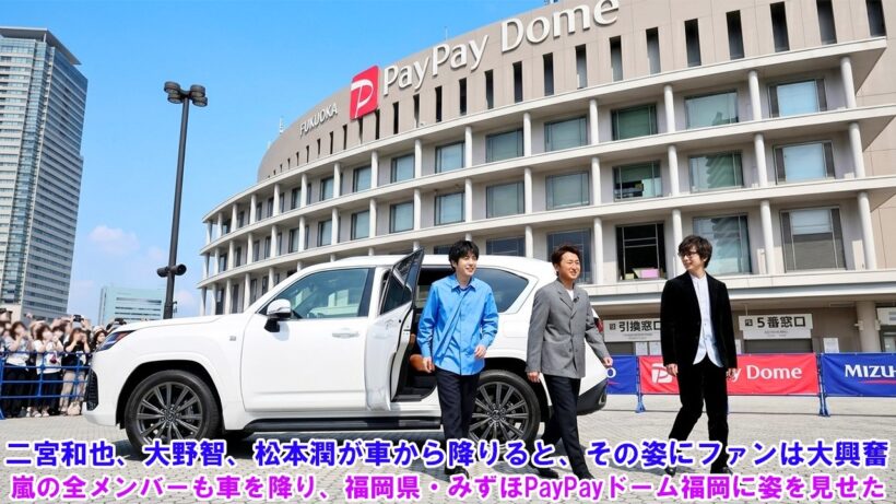 二宮和也、大野智、松本潤が車から降りると、その姿にファンは大興奮！嵐の全メンバーも車を降り、福岡県・みずほPayPayドーム福岡に姿を見せた！