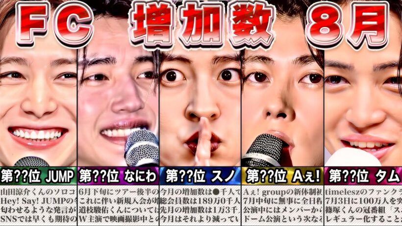 🎖️１位は⭕️⭕️🎖️STARTO🎖️ファンクラブ🎖️増加ランキング🎖️2026年8月🎖️SnowMan⛄SixTONES💎timelesz🕰️なにわ男子👶Aぇ🅰️トラジャ🐯キンプリ👑JUMP
