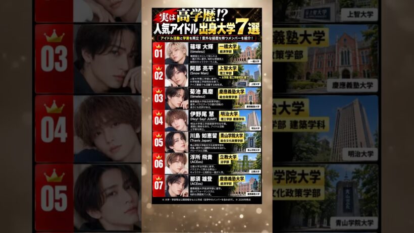 【賢っ！】実は高学歴!?有名大学出身のジャニーズ7選 #篠塚大輝 #菊池風磨 #阿部亮平 #伊野尾慧 #川島如恵留 #浮所飛貴 #那須雄登 #timelesz #snowman #山田涼介